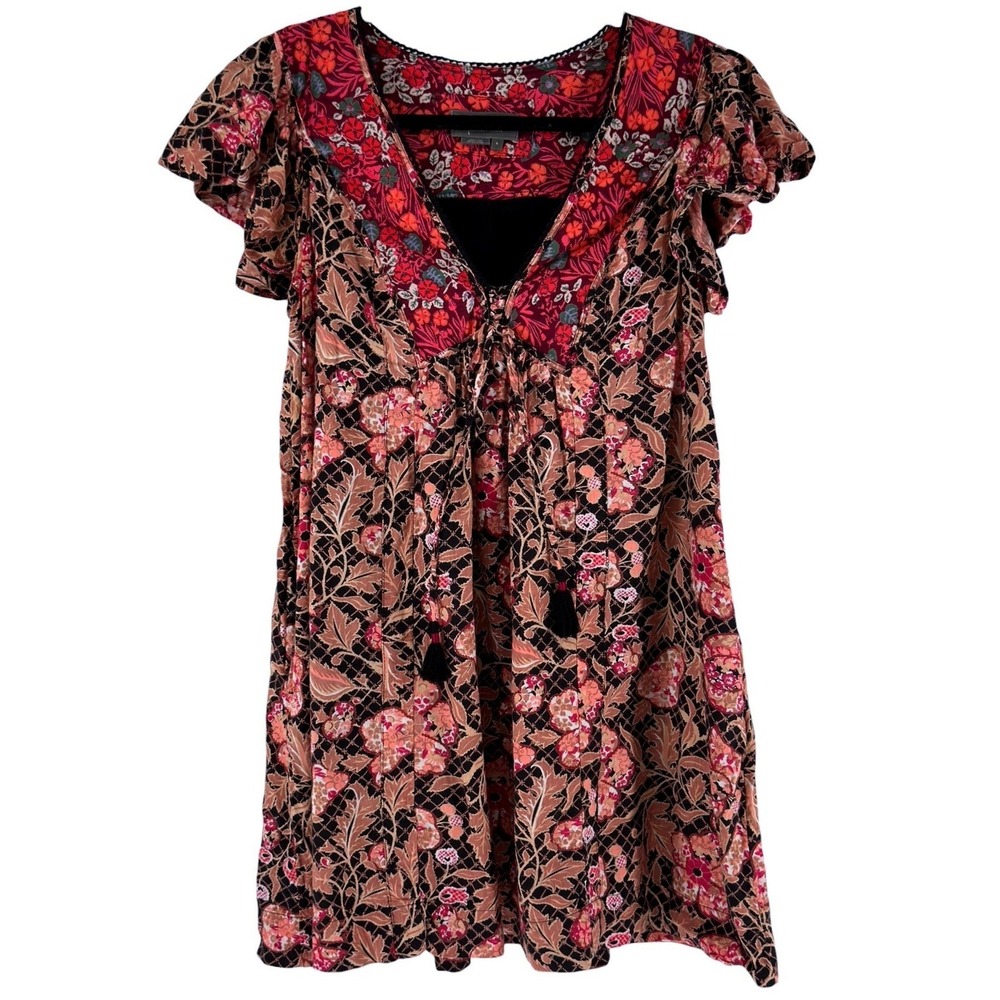 Anthropologie Ruffled Floral Tunic Mini Dress S Black Boho Whimsigoth Fairycore